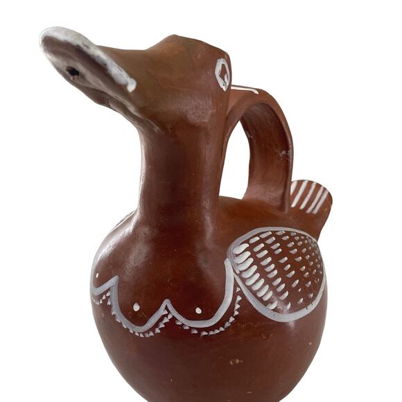 Vintage Folk Art Terracotta Duck Pitcher Hand Painted White Accent 12" Tall Rare - Picture 11 of 12